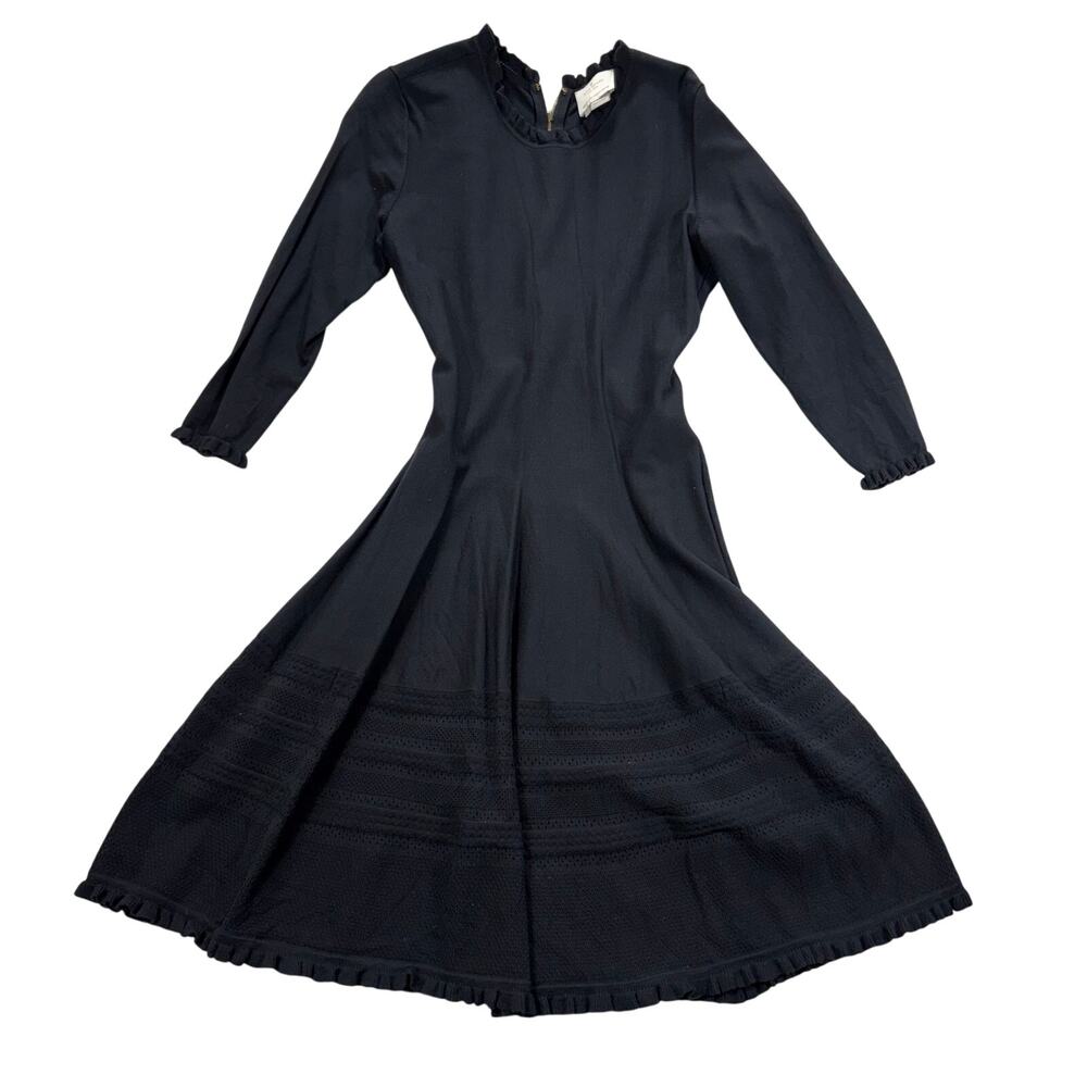 Kate Spade New York Black Knit Fit & Flare Dress Ruffle Neck Long Sleeve Size M - Picture 2 of 10